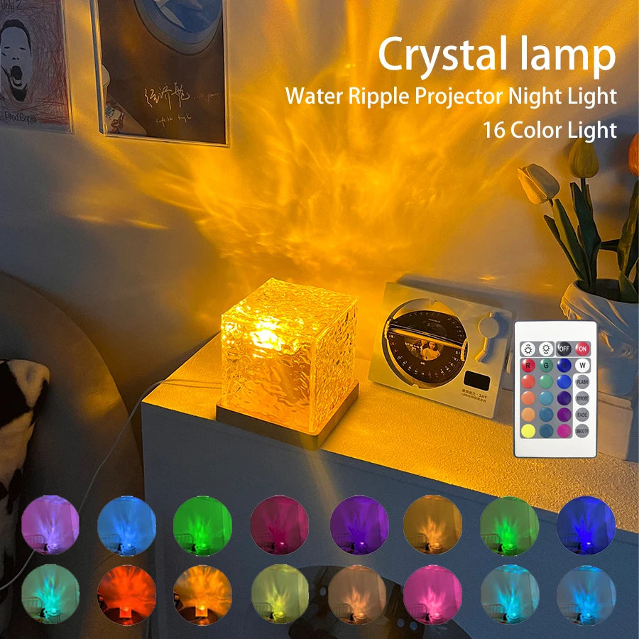 Ocean Wave Aurora Projector Light 16 Colors Dynamic Rotating Flame Crystal Lamp with Remote RGB Dimmable for Living Room Decor